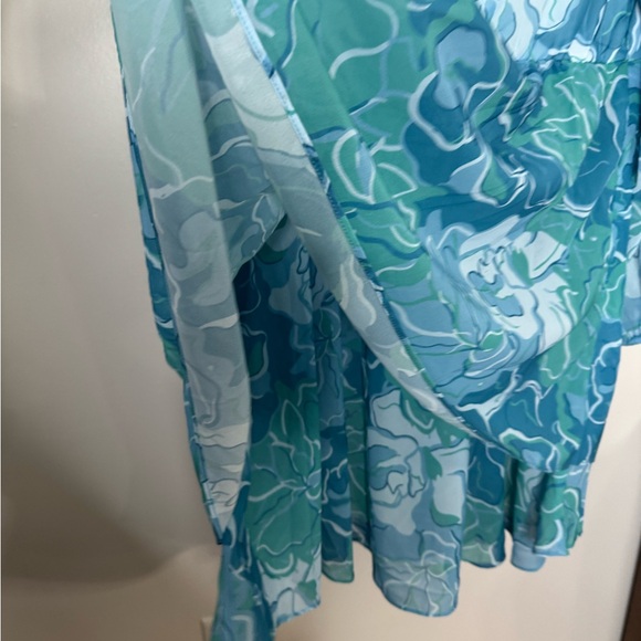 Seta T Women's V Neck Floral Long Sleeve Chiffon Ruffle Mini Dress Green Large - Picture 6 of 7